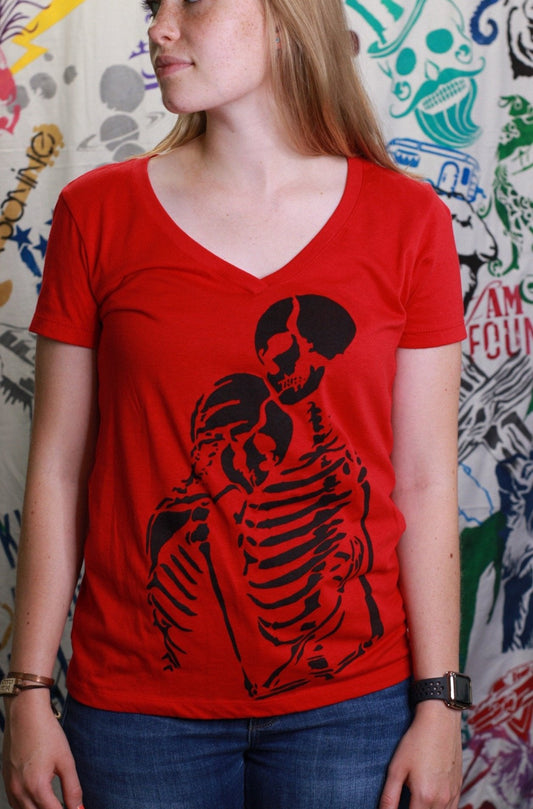 Hugging Skeletons Ladies V-Neck